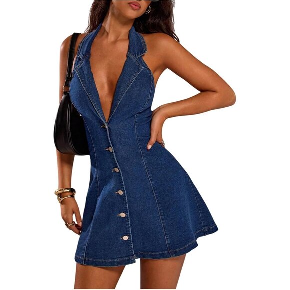 Dresses & Skirts - Women's Y2K Denim Halter Mini Dress Sleeveless Button Down A Line